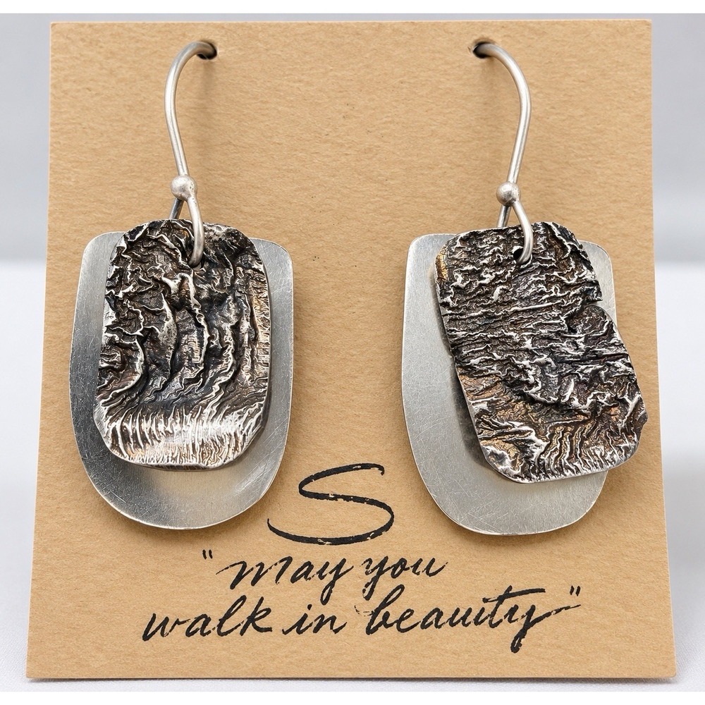 Handmade Sterling Silver Layered Textured Dangle Earrings Artisan Modernist 10g